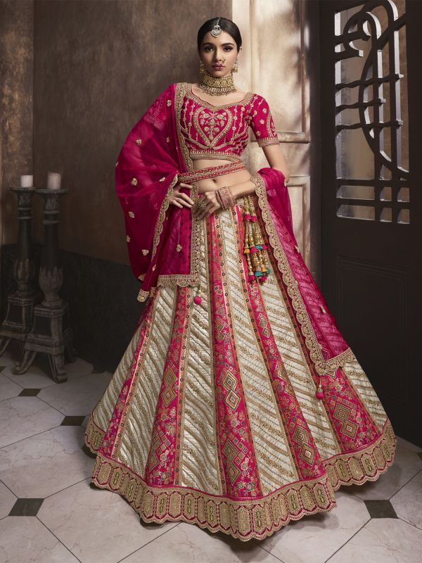 White & Pink Zari Embellished Wedding Lehenga Choli