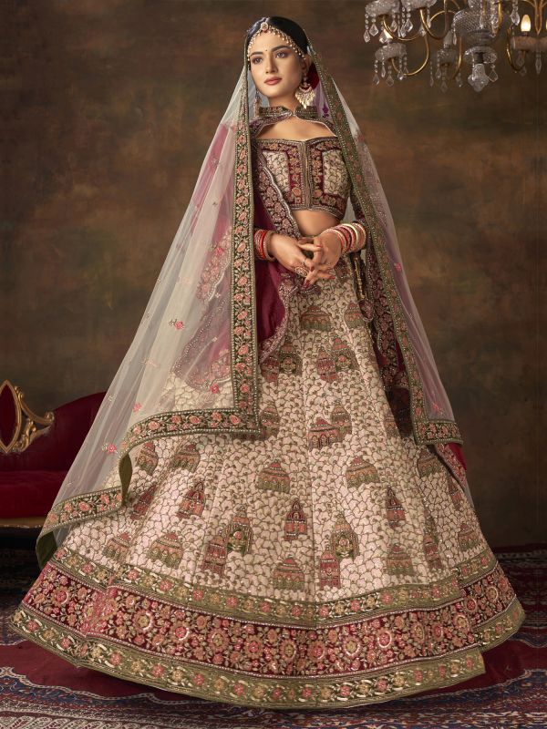 Cream Zari Embroidered Bridal Lehenga Choli In Silk