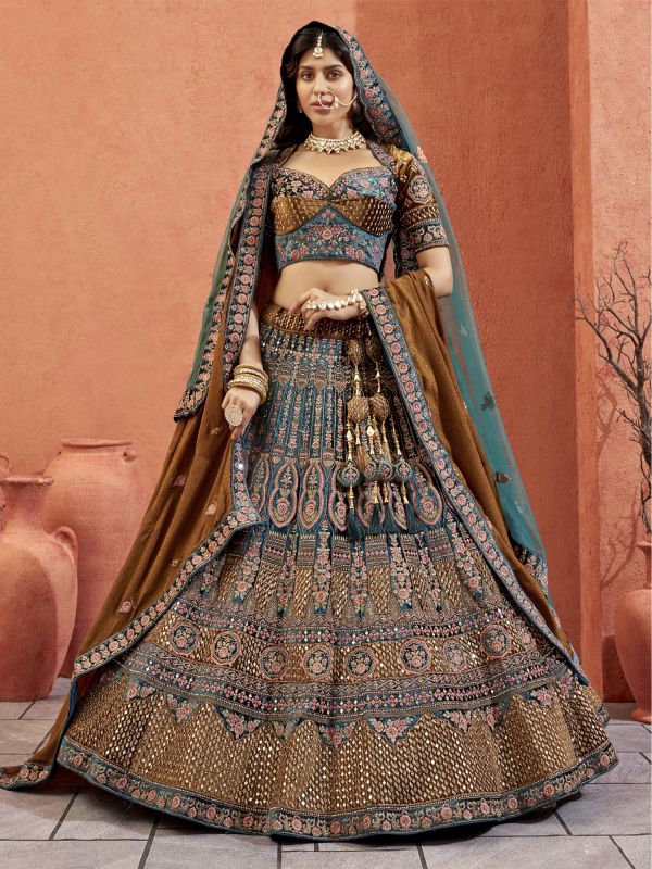Teal Blue Heavy Embroidery Bridal Lehenga Choli In Velvet