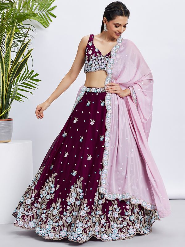 Magenta Floral Embroidered Lehenga Choli In Georgette