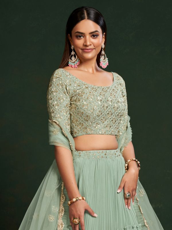 Green Zari Embroidered Festive Lehenga Choli