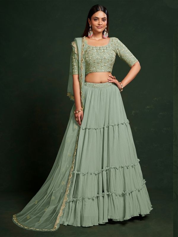 Green Zari Embroidered Festive Lehenga Choli