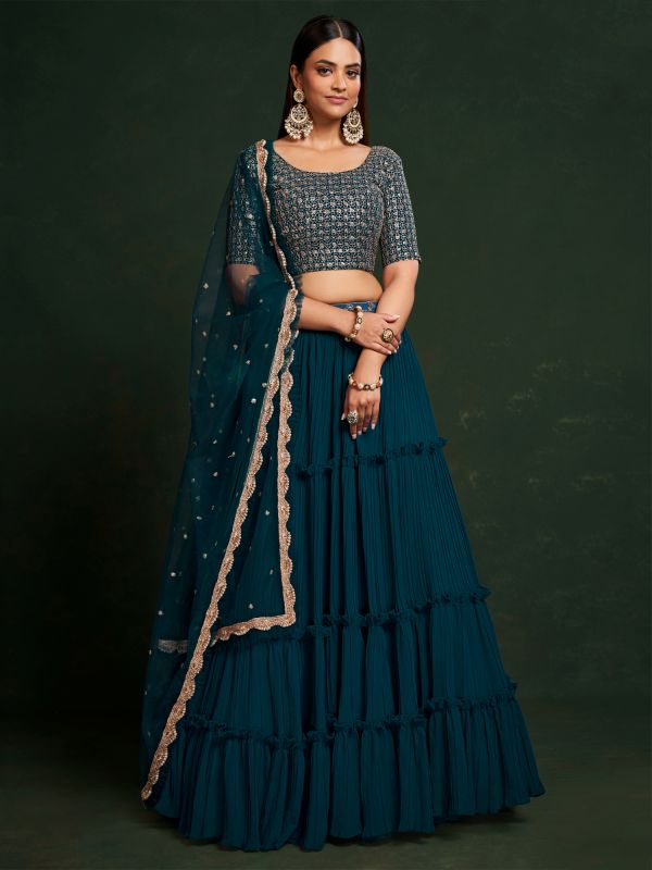 Teal Green Georgette Lehenga Choli With Dupatta