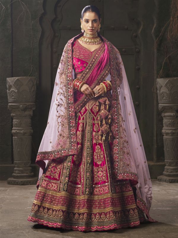 Pink Floral Zari Embroidered Bridal Lehenga Set In Velvet