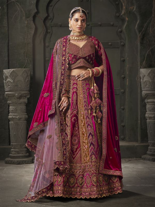 Multicolor Velvet Bridal Lehenga Set In Heavy Embroidery