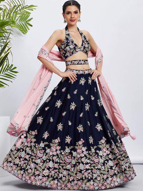 Navy Blue Thread Embroidered Lehenga Choli Set