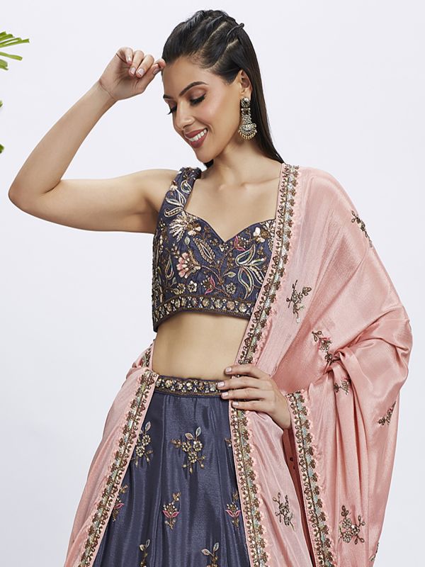 Purple Floral Heavy Zari Embroidered Lehenga Choli