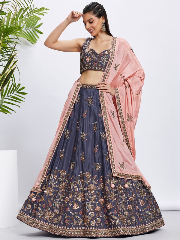 Purple Floral Heavy Zari Embroidered Lehenga Choli