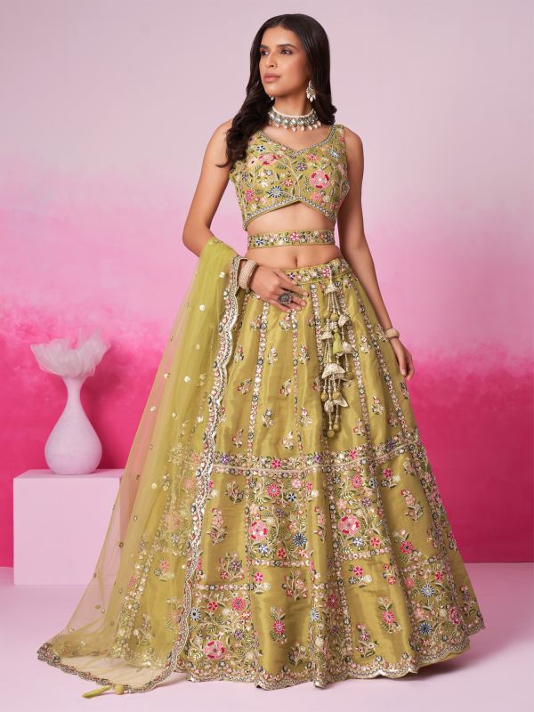 Green Net Lehenga Choli In Floral Zari Work