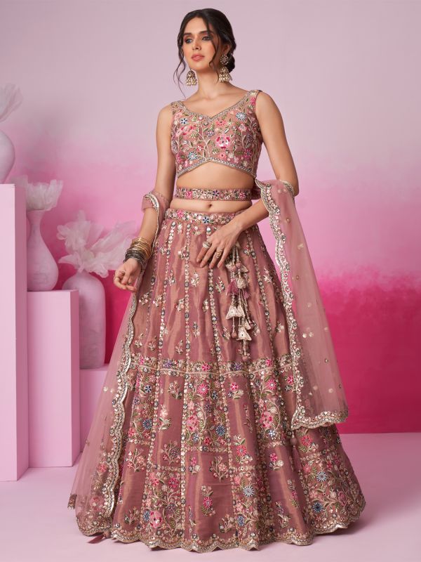 Mauve Mirror Embroidered Lehenga Choli  With Dupatta