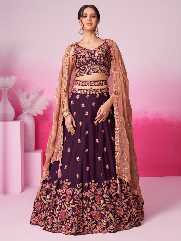 Wine Sequins Embroidered Wedding Lehenga Choli