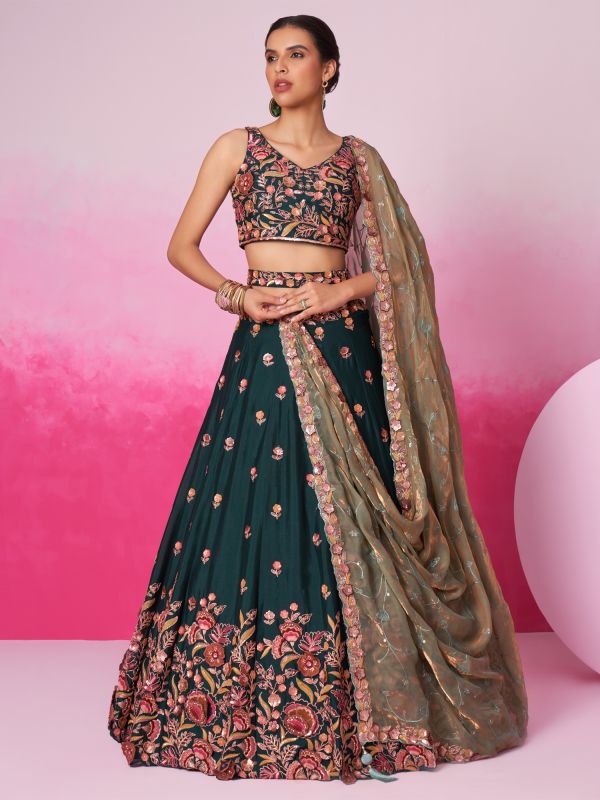 Dark Green Chiffon Lehenga Choli In Sequins Work