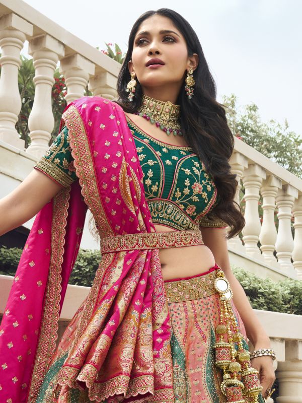 Peach Banarasi Silk Wedding Lehenga Choli