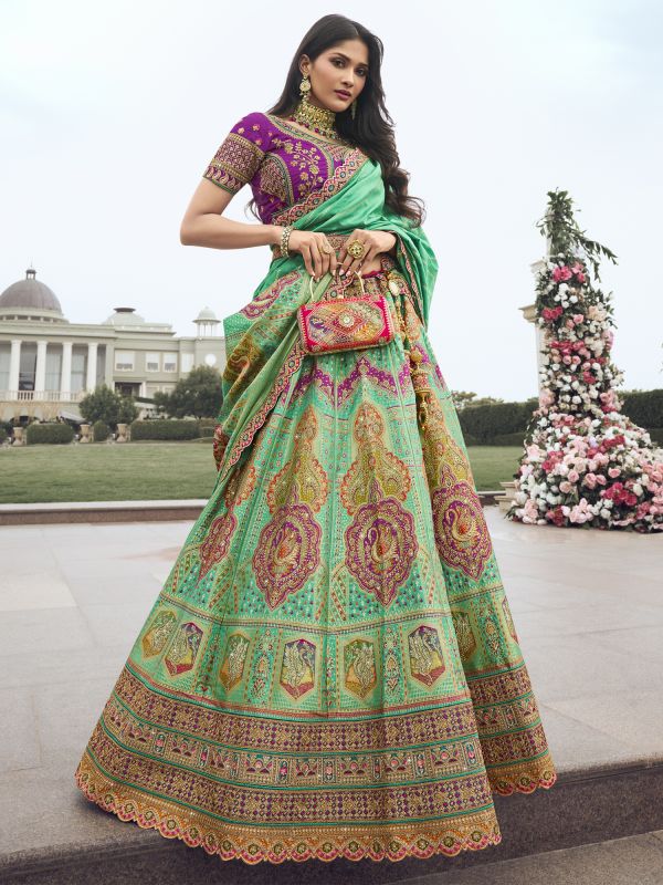 Rama Green Stone Embroidered Lehenga Choli In Silk