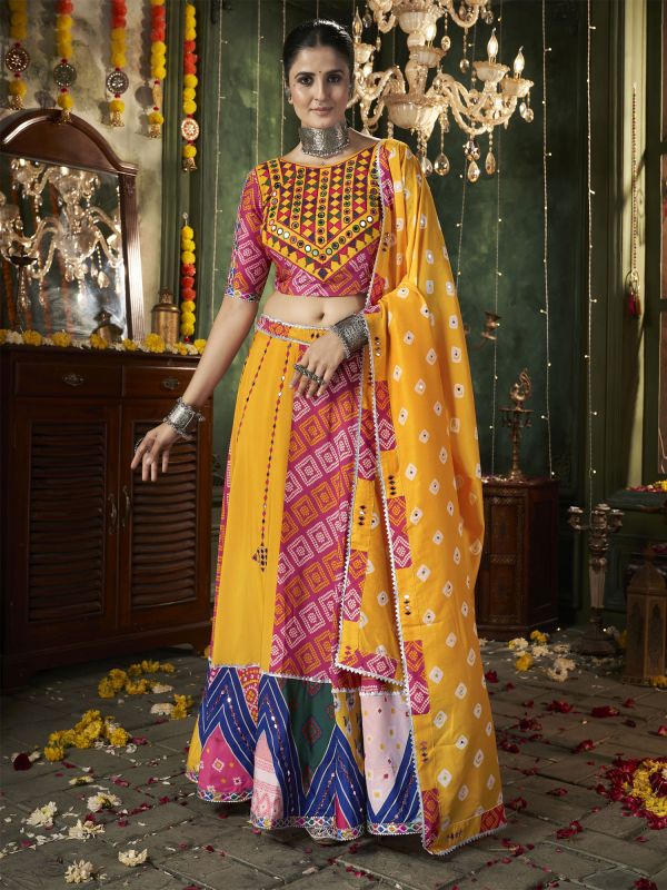 Yellow And Pink Mirror Work Lehenga Choli For Navrati