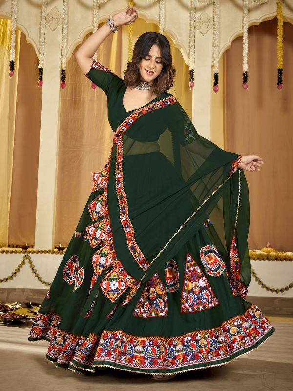 Dark Green Resham Emboridered Navrati Lehenga Choli