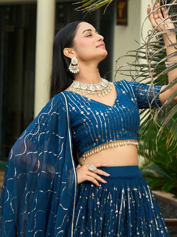 Blue Sequins Embroidered Lehenga Choli In Georgette