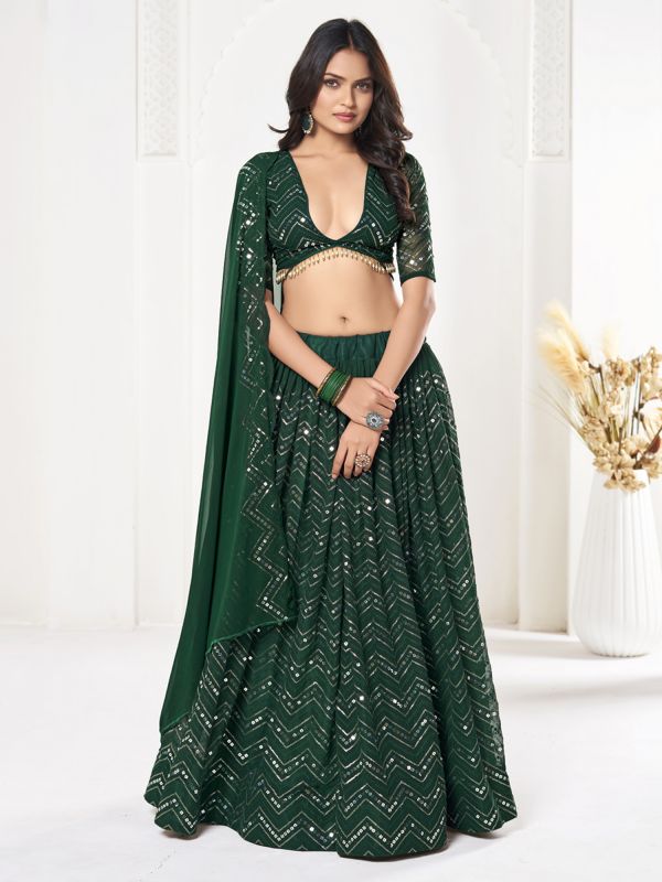 Dark Green Sequins Embroidered Lehenga Choli In Georgette