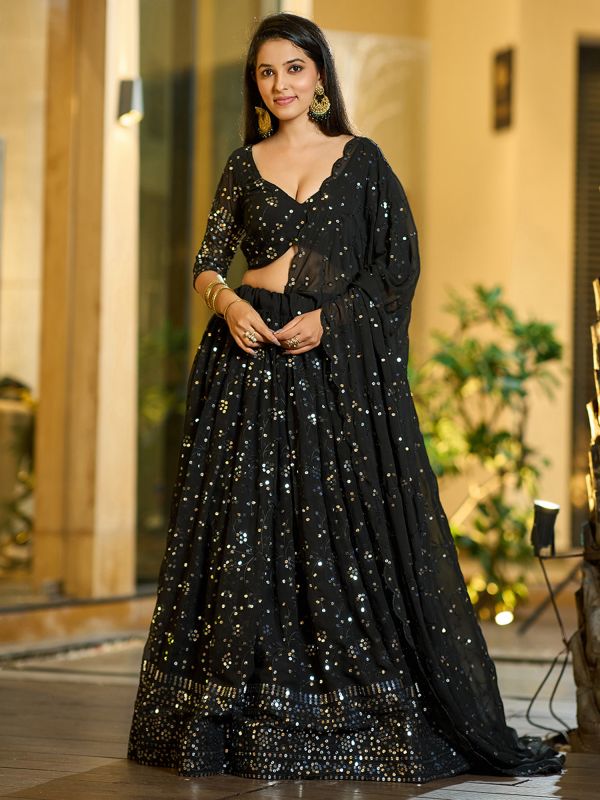 Black Wedding Sequined Lehenga Choli In Georgette