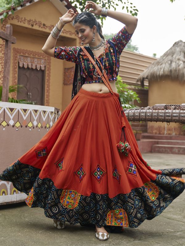 Orange Navratri Lehenga With Embroidered Choli