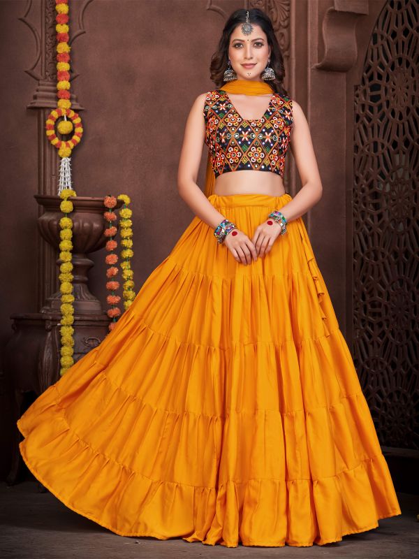 Dark Yellow Silk Lehenga Choli In Thread Work