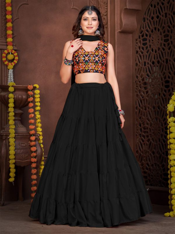 Black Thread Work Navratri Lehenga Choli In Mono Silk