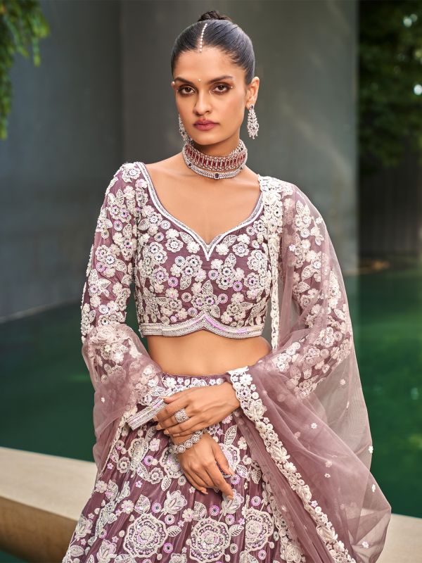 Mauve Heavy Floral Thread Embroidered Lehenga Choli