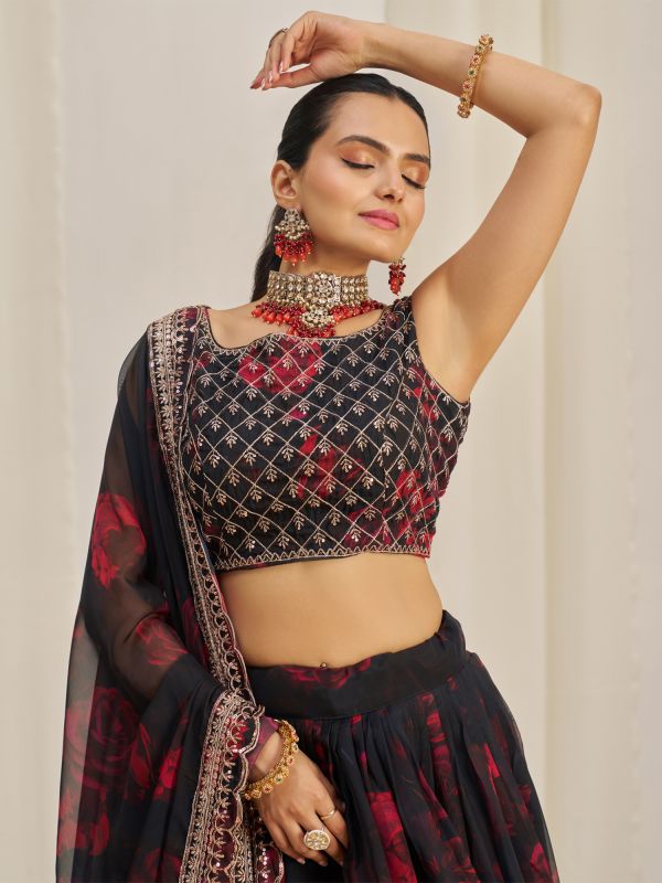 Black Floral Printed Lehenga Choli In Organza