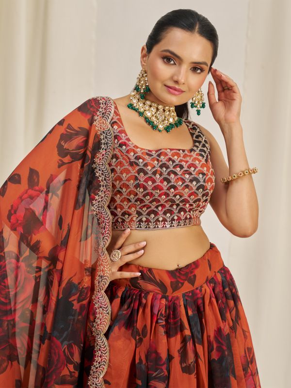 Orange Festive Wear Organza Lehenga Choli 