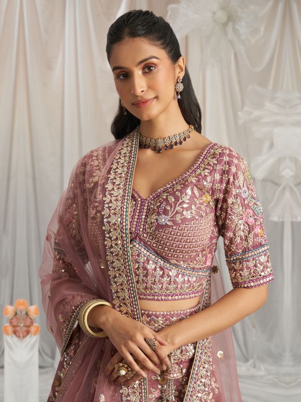 Mauve Pink Zari Embroiderd Silk Lehanga Choli