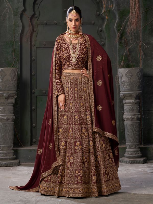 Maroon Bridal Lehenga Choli In Stone Embellishments