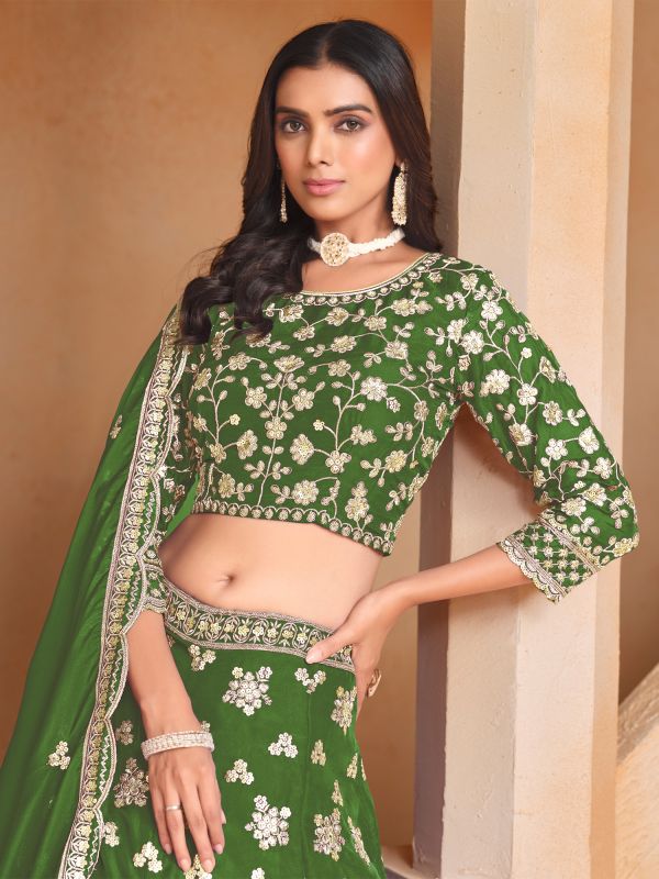 Green Festive Wear Lehenga Choli In Organza