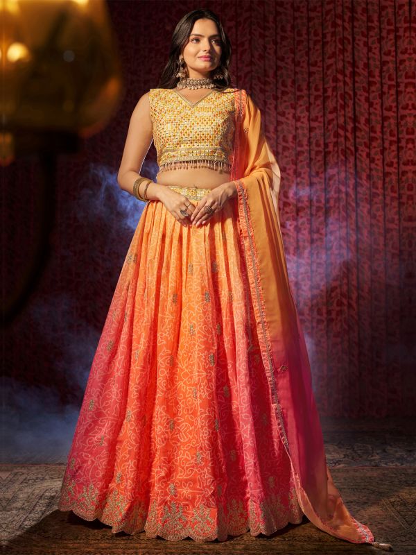 Orange And Pink Bandhej Printed Lehenga Choli