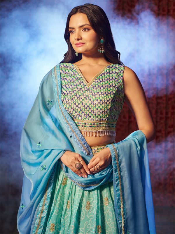 Blue Omber Shaded Lehenga Choli In Bandhani Print