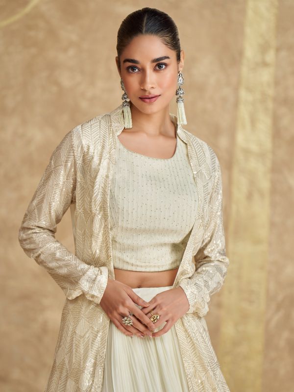 Ivory White Georgette Lehenga Choli In Sequins Work