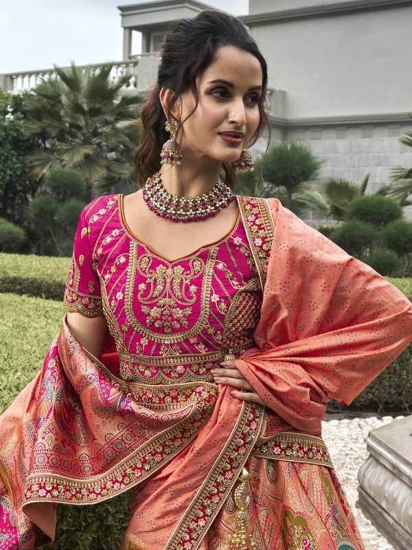 Peach Traditional Zari Work Lehenga Choli In Banarasi Silk