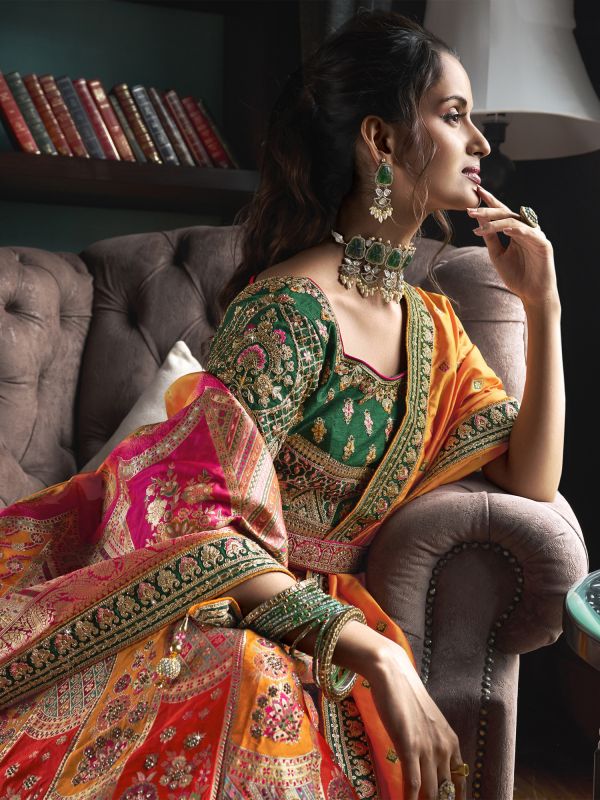 Multicolor Zari Embroidered Lehenga Choli In Banarasi Silk