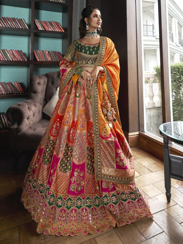 Multicolor Zari Embroidered Lehenga Choli In Banarasi Silk