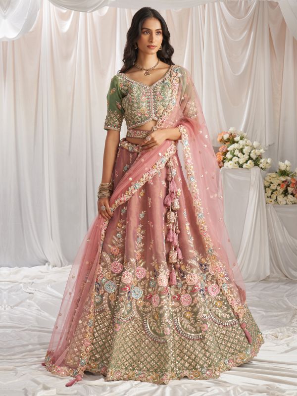 Pink And Green Bridesmaid Lehenga Choli In Silk