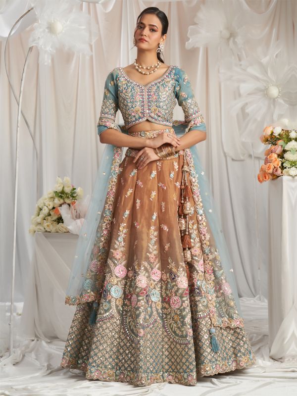 Brown And Blue Lehenga Set In Floral Embroidery