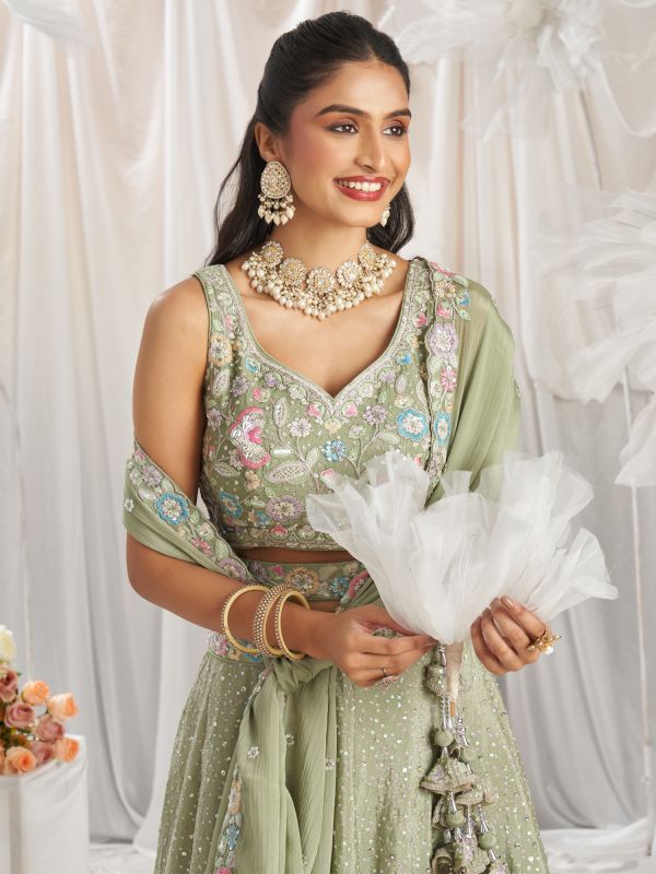 Green Thread Embellished Bridesmaid Lehenga Set