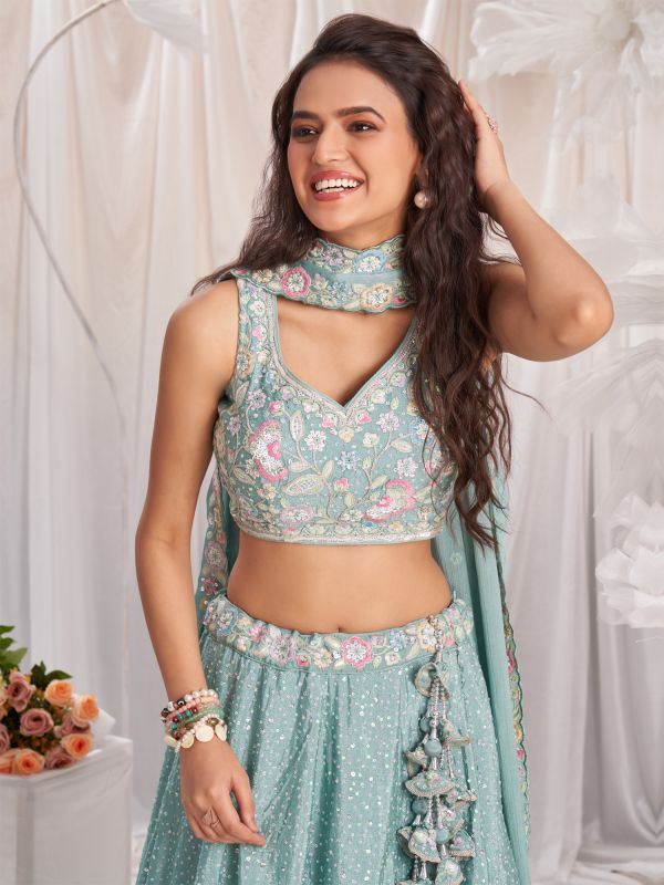 Light Blue Floral Embellished Lehenga Choli