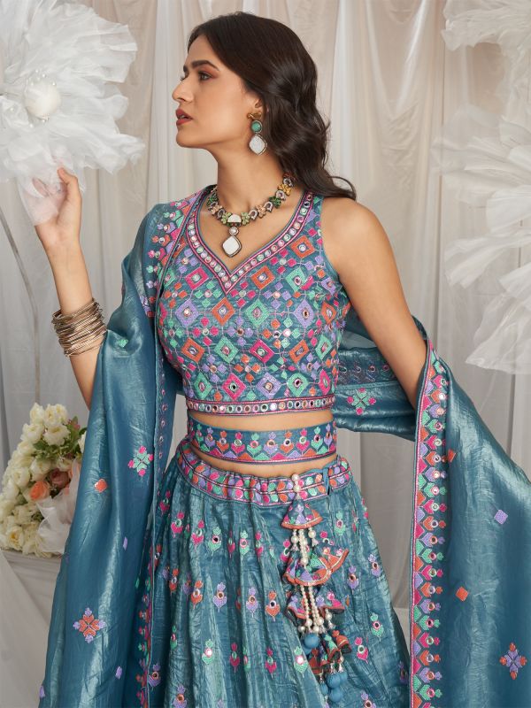 Blue Organza Lehenga Choli In Sequins Work