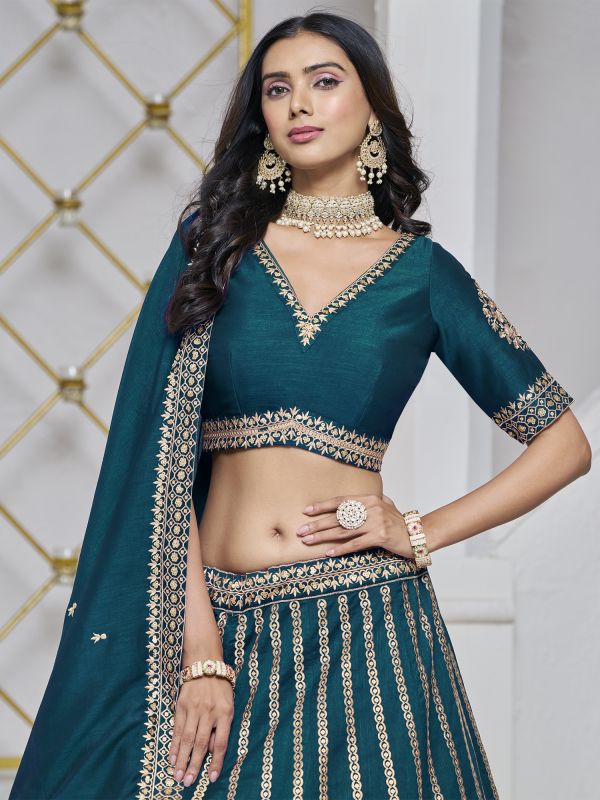 Teal Blue Sequins Work Party Lehenga Set