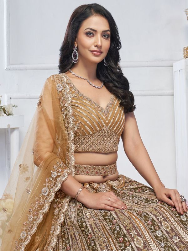 Golden Bridesmaid Net Lehenga Choli With Dupatta