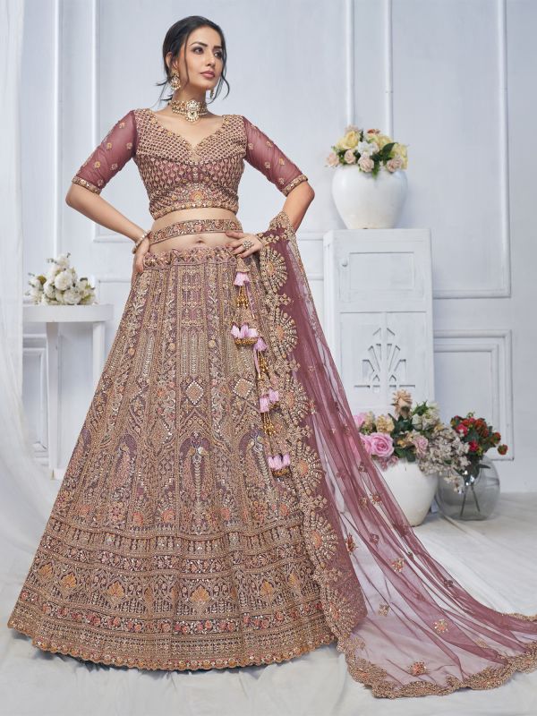 Mauve Pink Net Lehenga Choli In Zari Embellishment