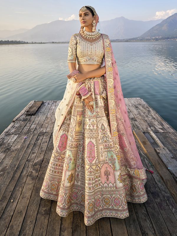 Cream Traditional Lehenga Set With Double Dupatta