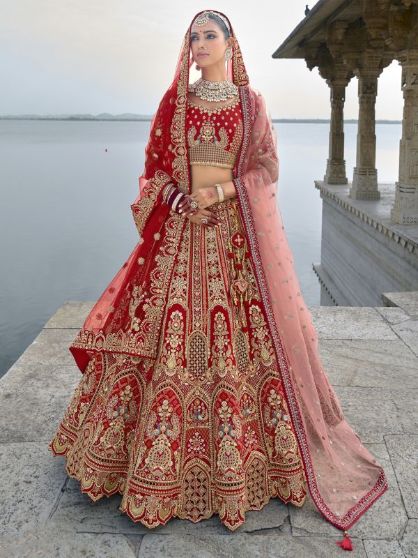 Red Bridal Lehenga Choli Set In Floral Embroidery