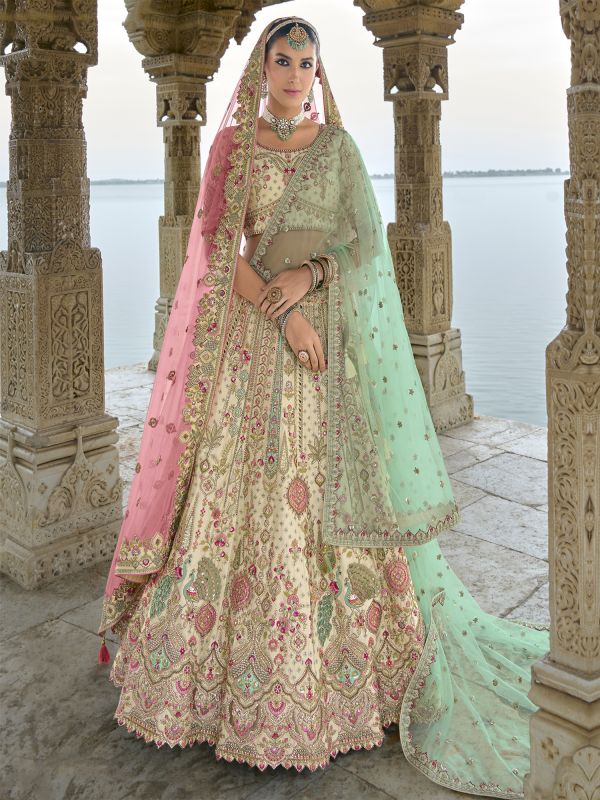 Beige Sequins Enhanced Wedding Lehenga Set