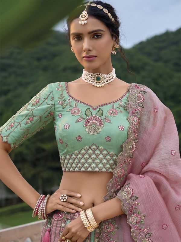 Pink And Turquoise Silk Bridesmaid Lehenga Set